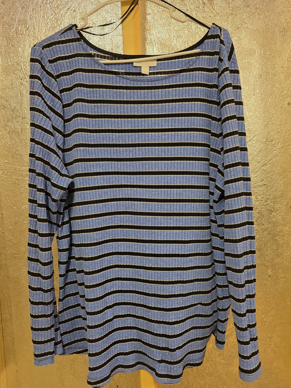 Charter Club Blue and Black Striped Ribbed Long-Sleeve Top Size XL